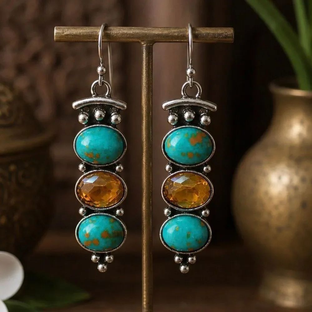Turquoise & Amber Glass Dangle Earrings – Thai Market Style